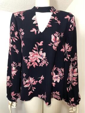 Eclair Ladies Medium Top Black Pink Floral Neck Cutout Long Sleeves Button Back
